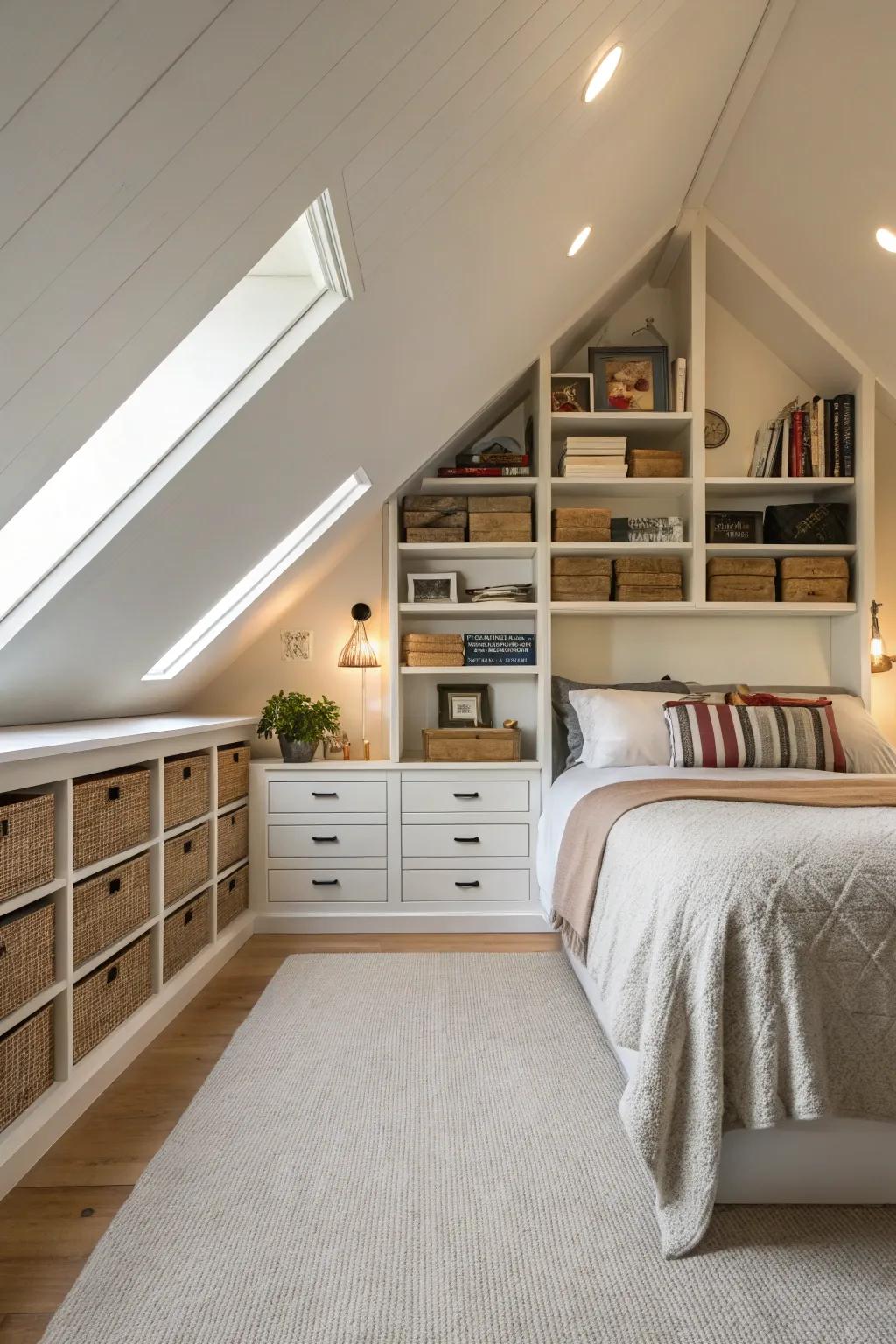 Built-in storage neatly integrated under the slanted ceiling.