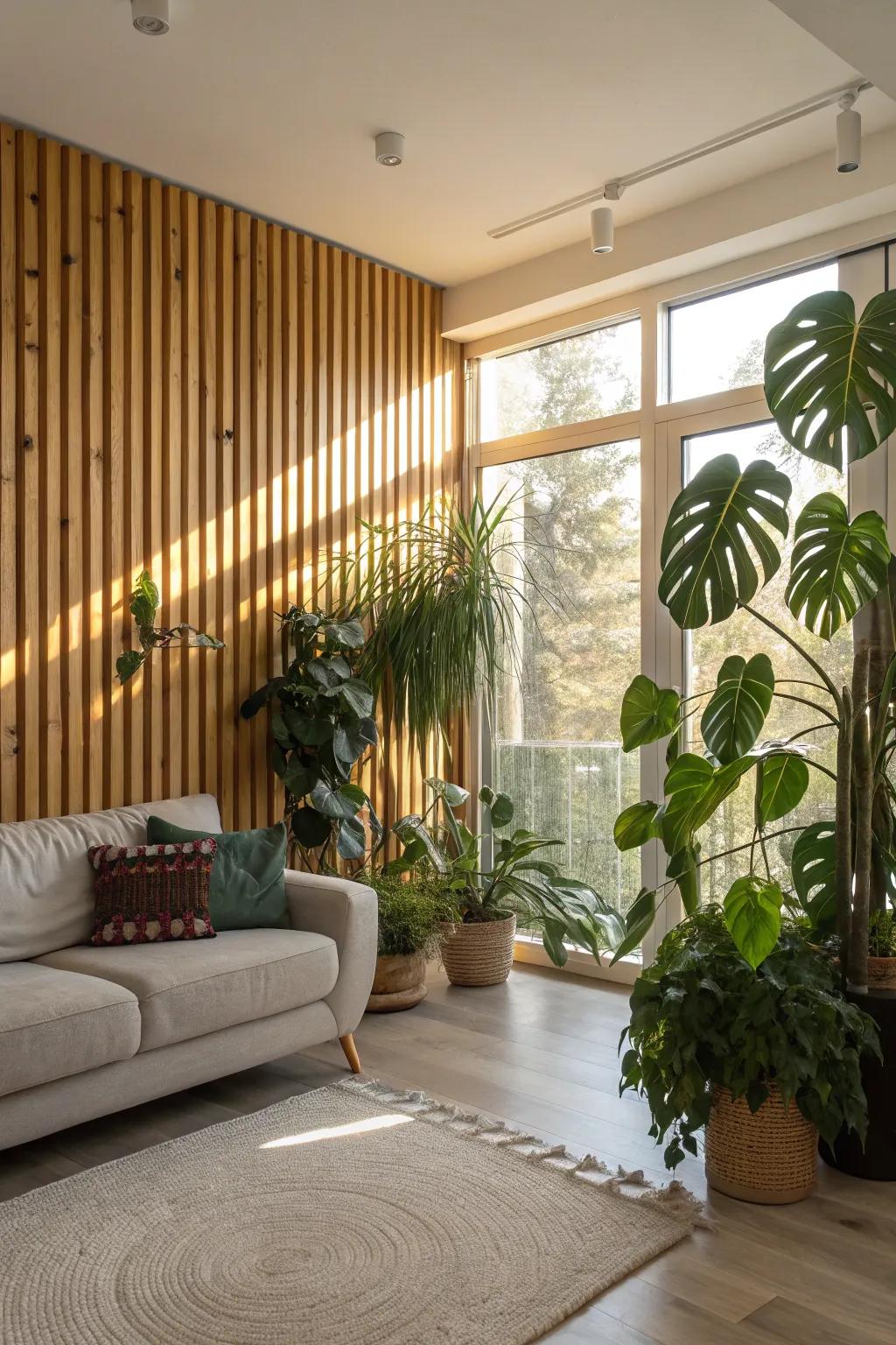 A family area featuring raw lumber strip walls, harmonized by verdant plants.