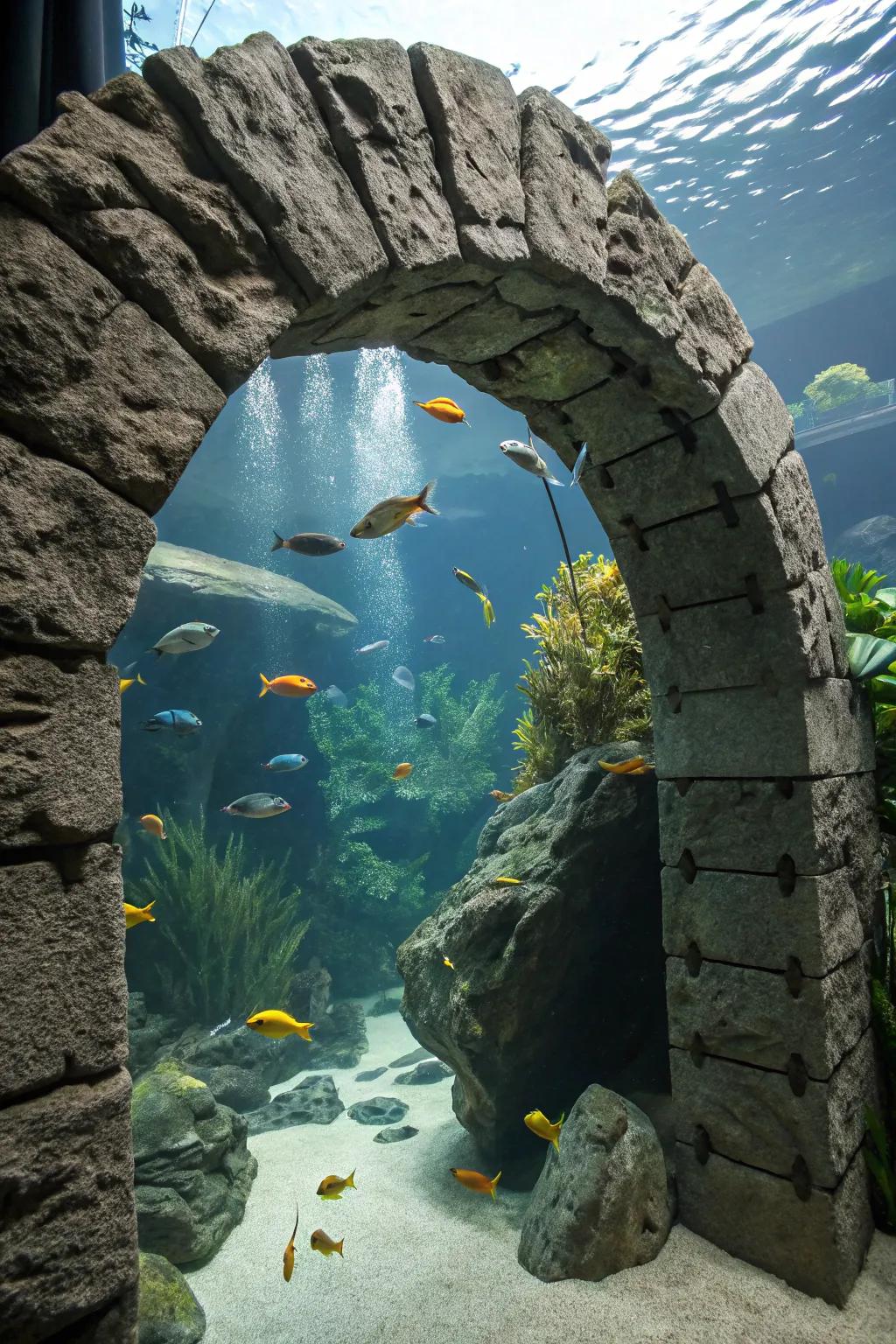 A majestic graystone portal in an aquarium.