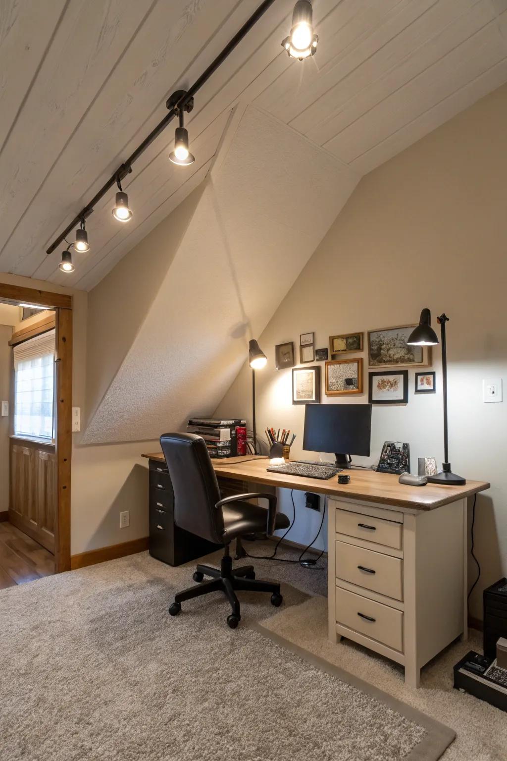 Versatile track lighting adapts to the angles of sloped ceilings.