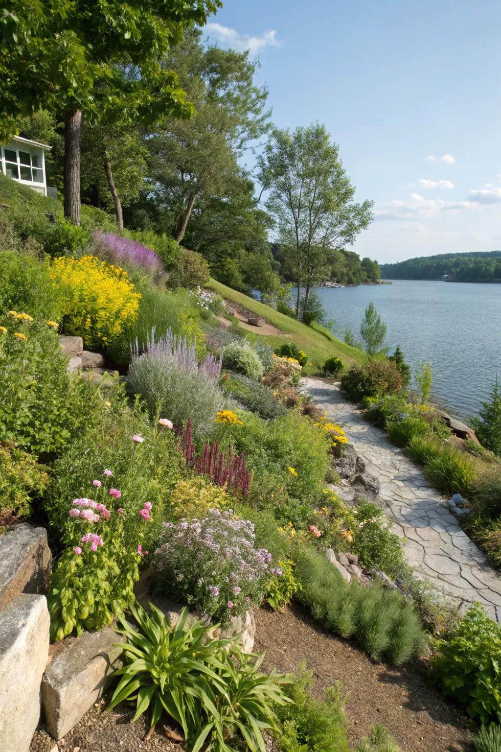 A vibrant local flora plot thriving on a lakeside slope.