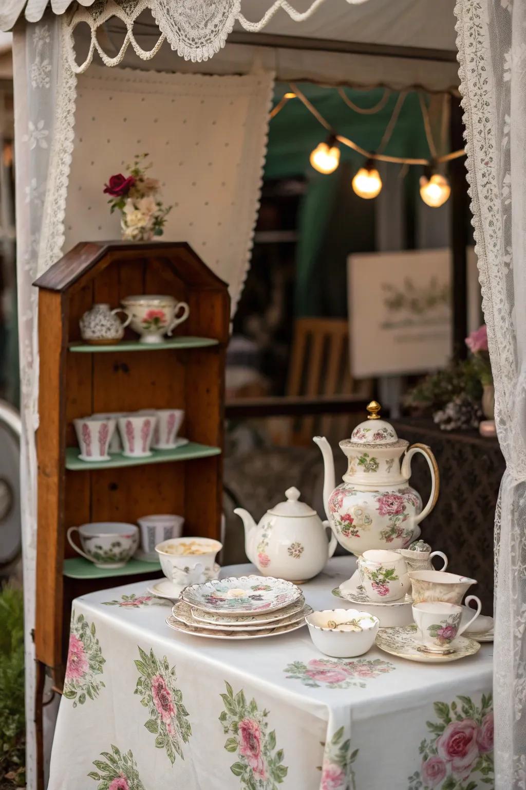 Subject-based arrangement of a classic tea set and patterned crockery
