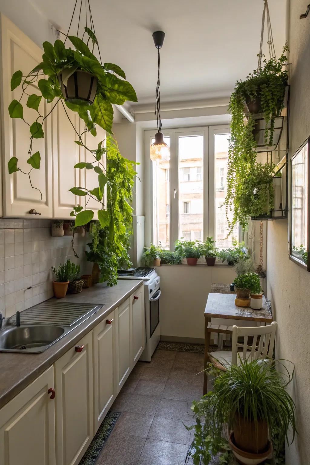 Hanging plants bring life and color to small spaces.