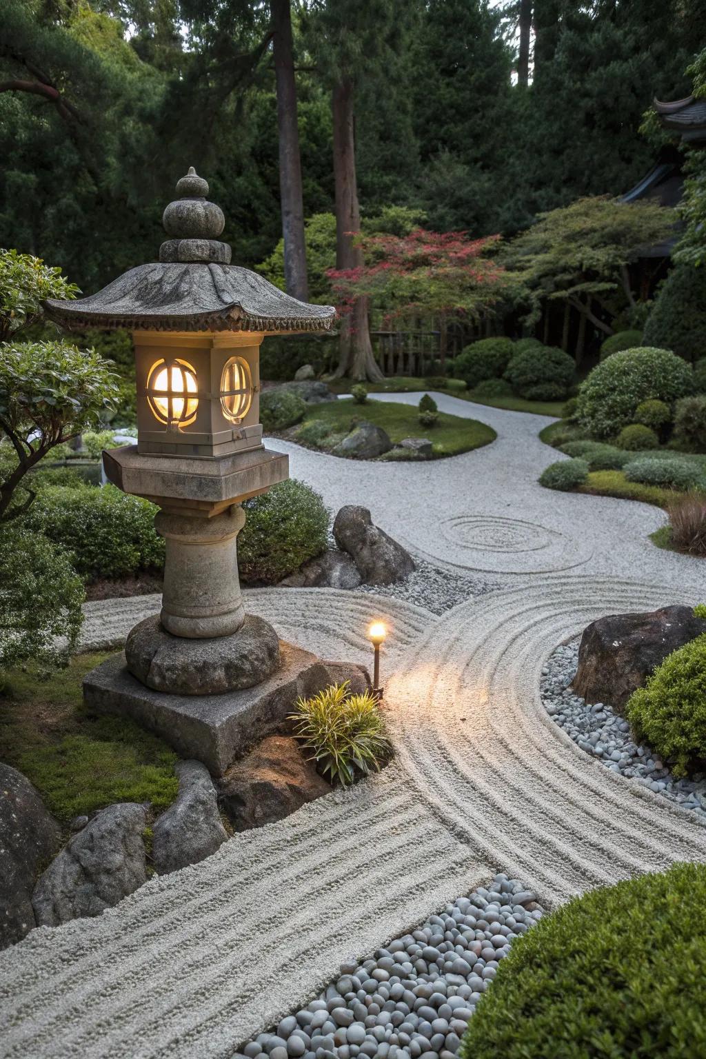 A zen garden is enriched by a conventional stone light, surrounded by gravel and vegetation.