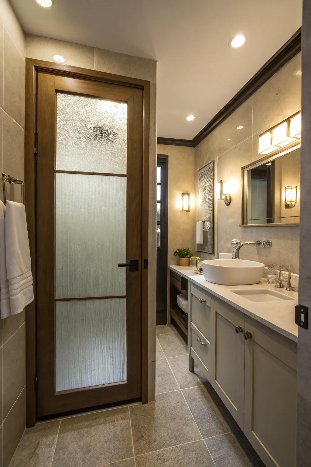Frosted glass doors strike a balance between privacy and illumination.