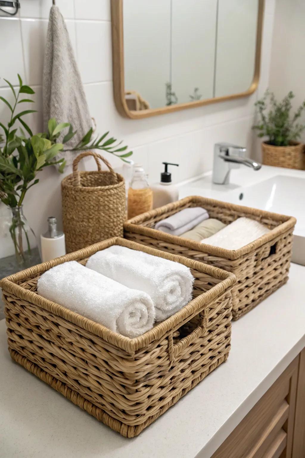 Wicker baskets combine natural elegance with useful storage.