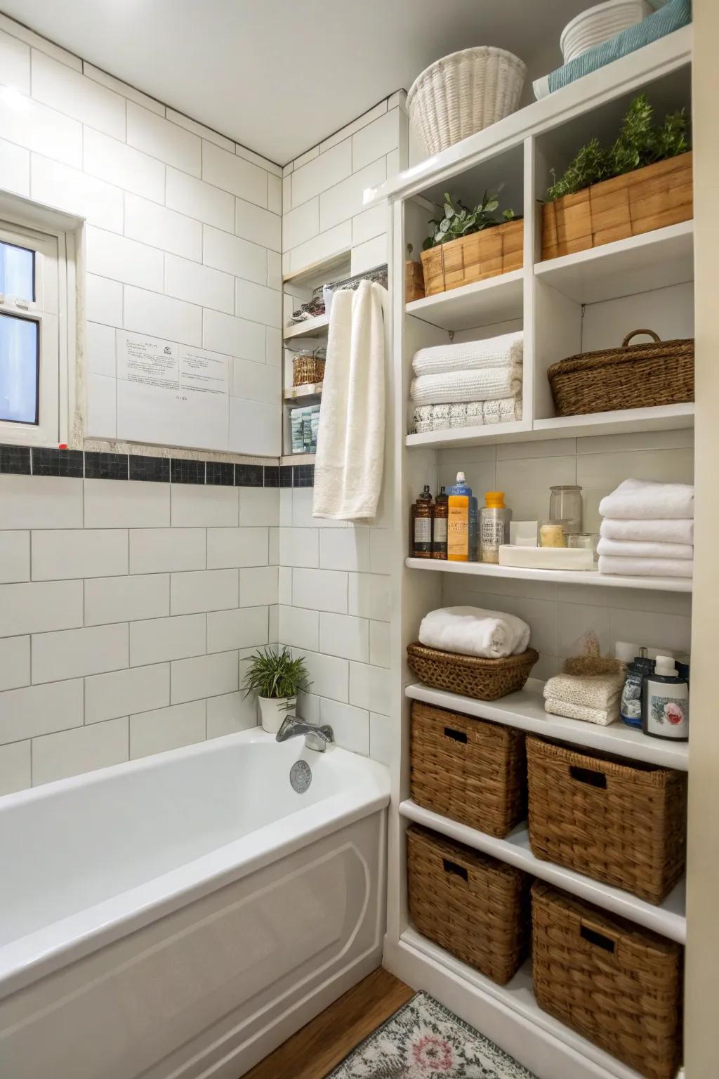 Built-in shelving offers practical storage in a small bathroom.