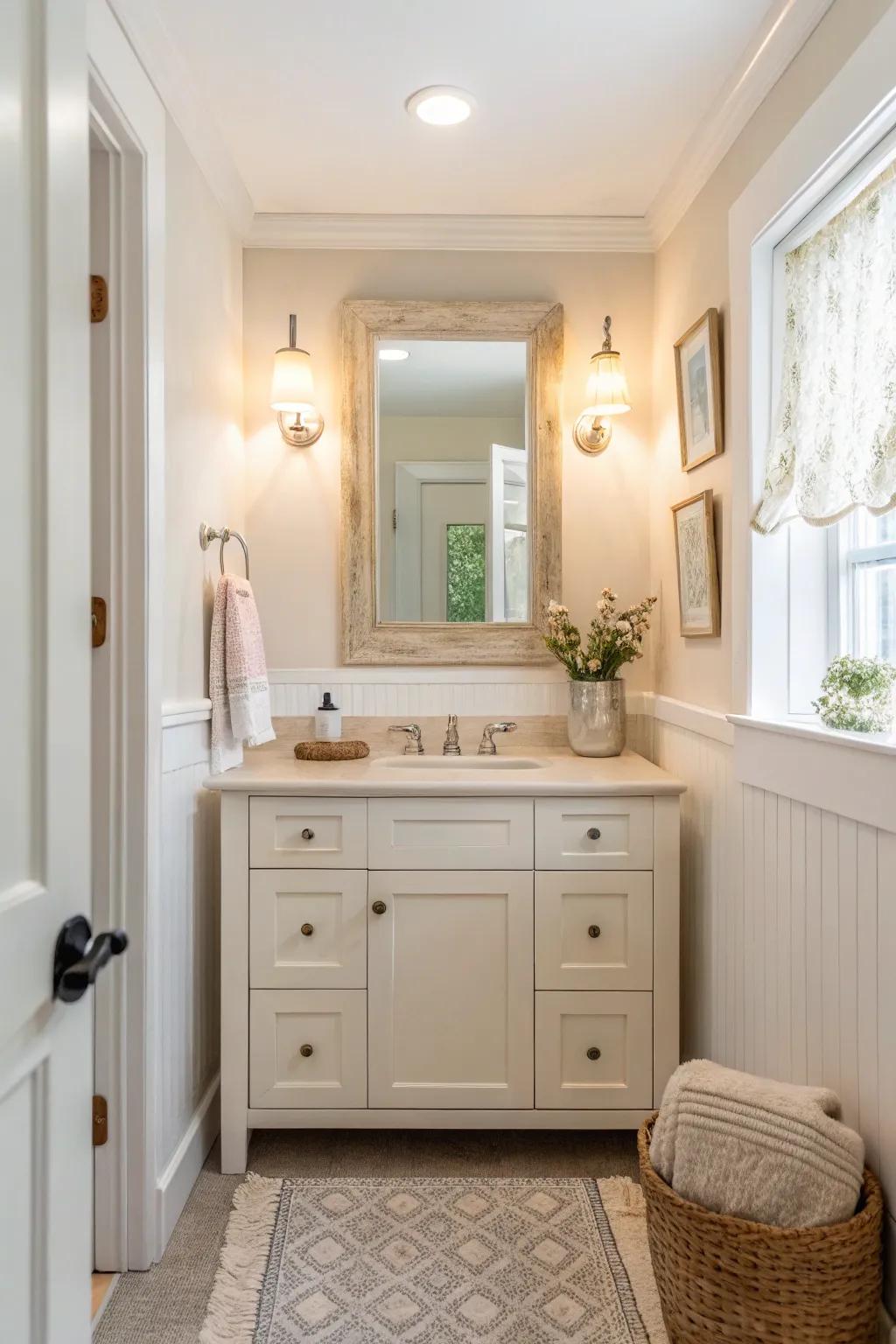 A light-shaded organizer that adds brightness and a sense of space to a compact bathroom.