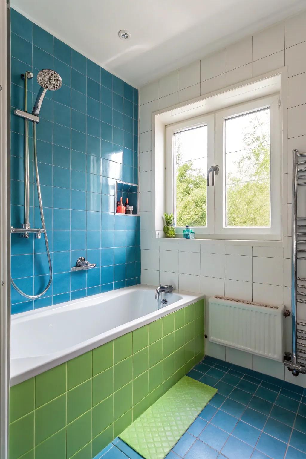 Strategic use of color defines zones, adding dimension to smaller bathrooms.