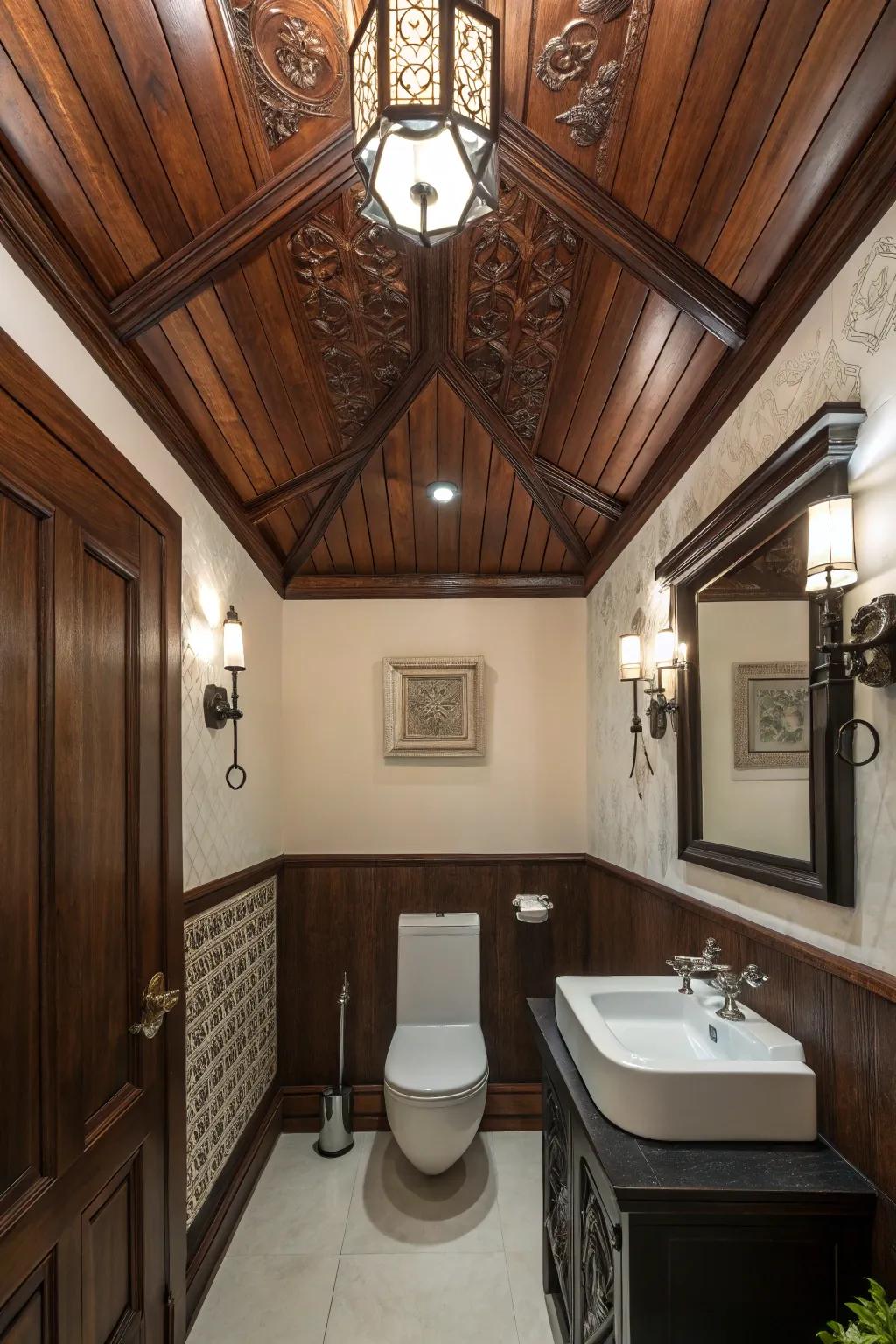 A dark wood ceiling imparts drama and luxury to this bathroom.