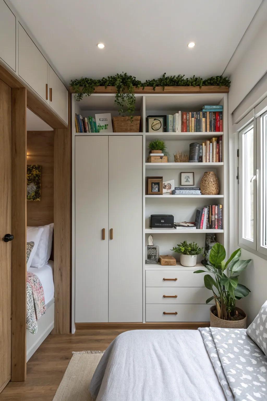 A small bedroom using vertical shelves and cabinets to enhance storage options.