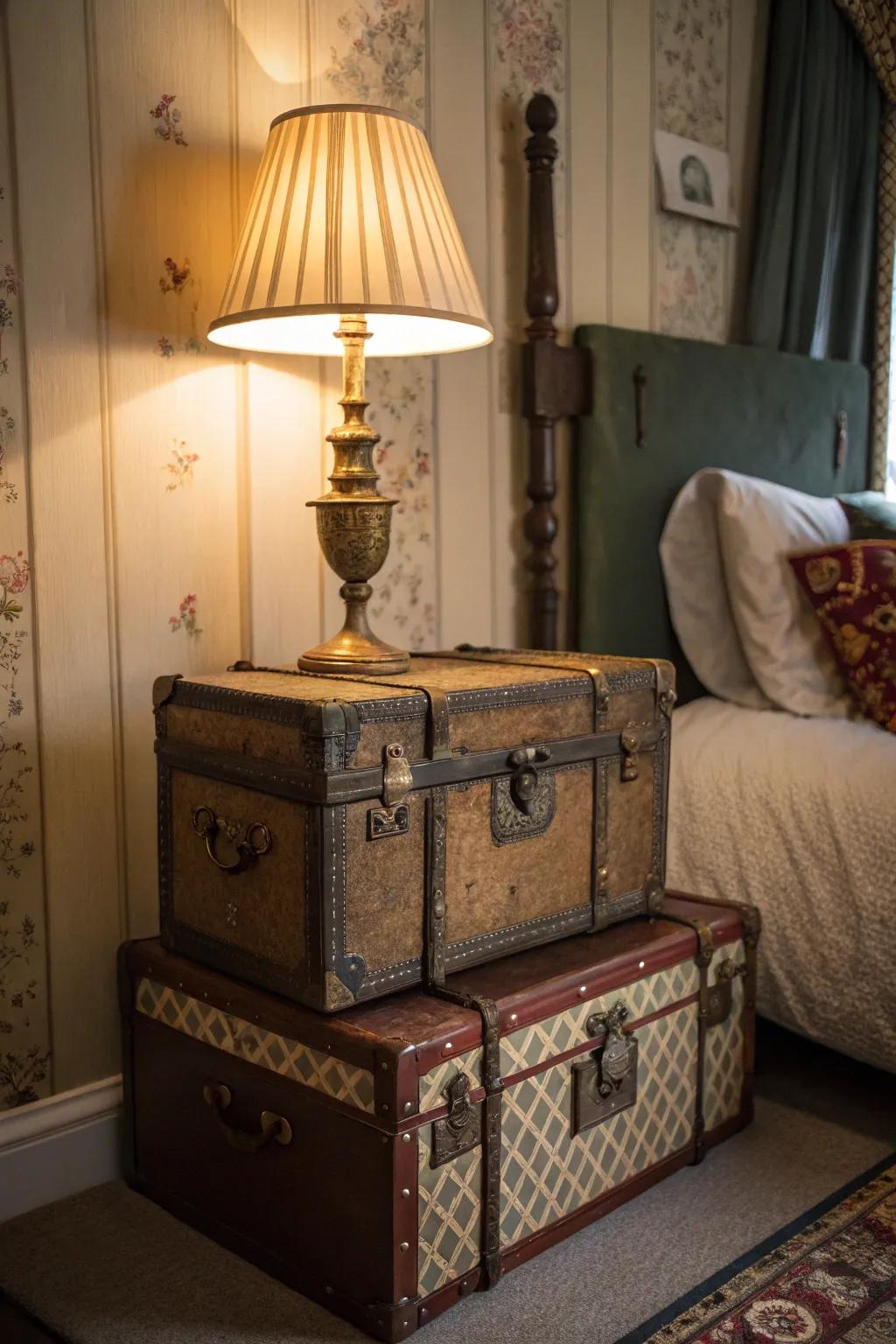 Stacked vintage trunks serve as a stylish and functional bedside table.