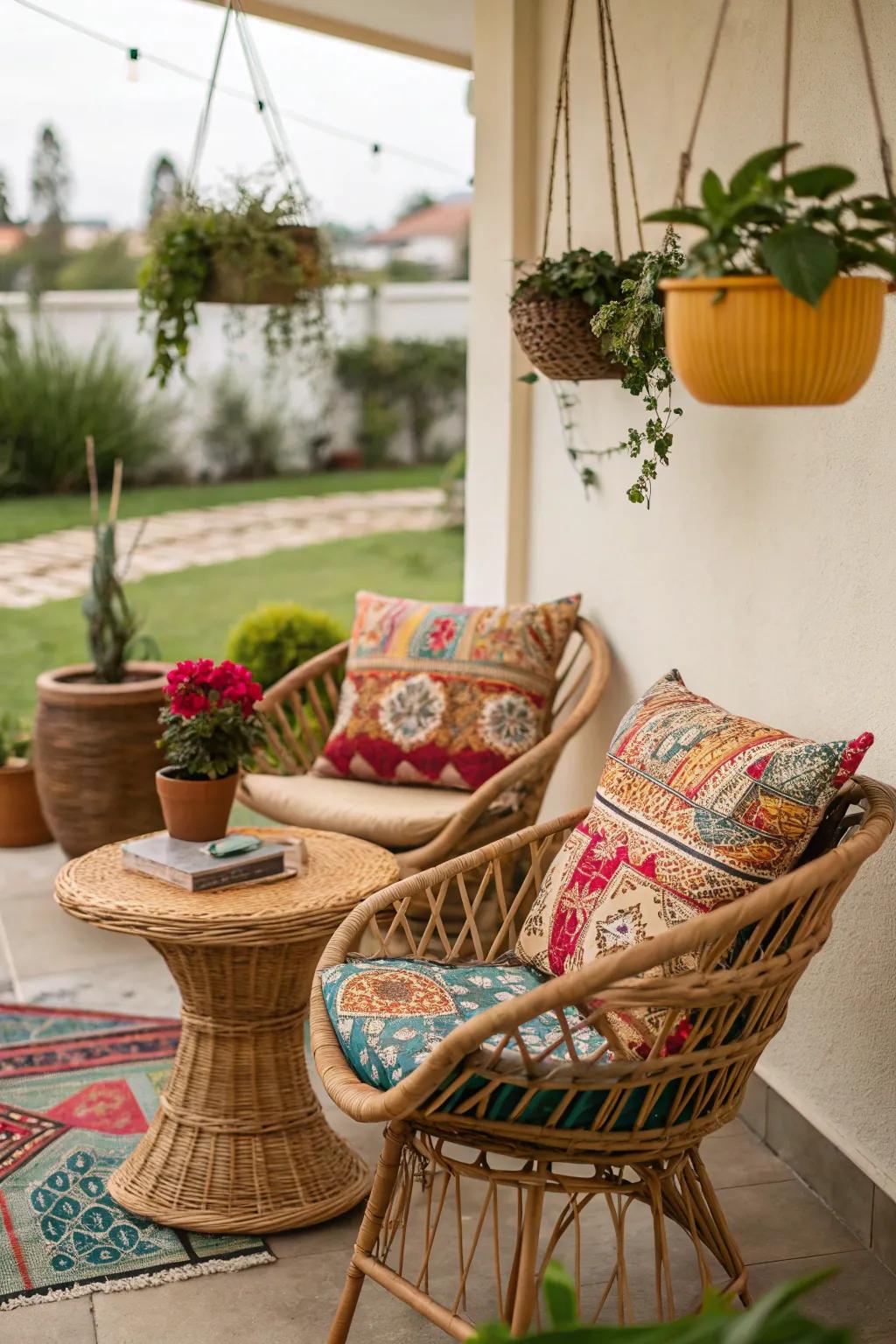 Rattan and wicker add rustic charm to a boho patio.