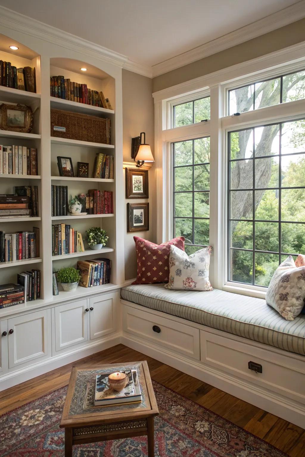 Unite seating and storage for an intimate perusing nook.