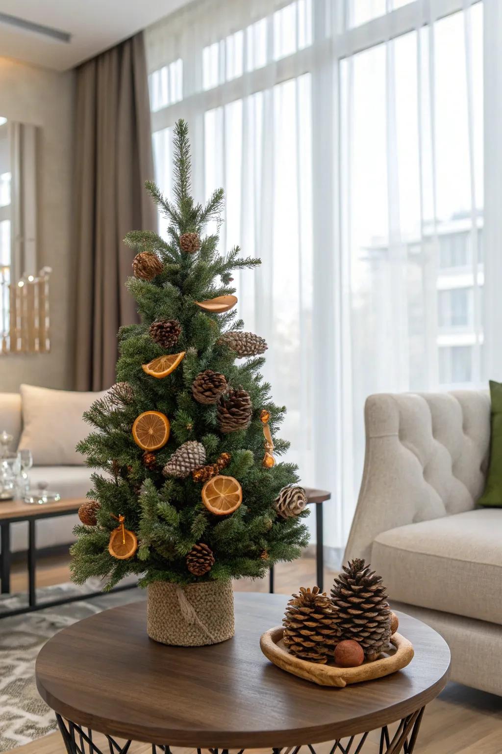 Innate components infuse a snug, authentic ambiance into this petite evergreen.