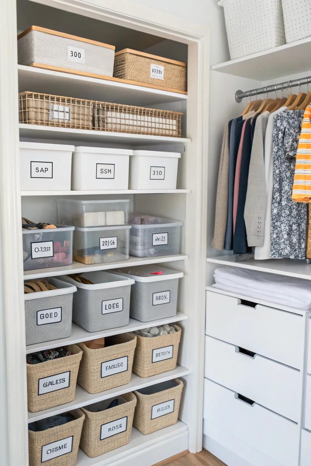 Labels assist in maintaining a structured closet environment.