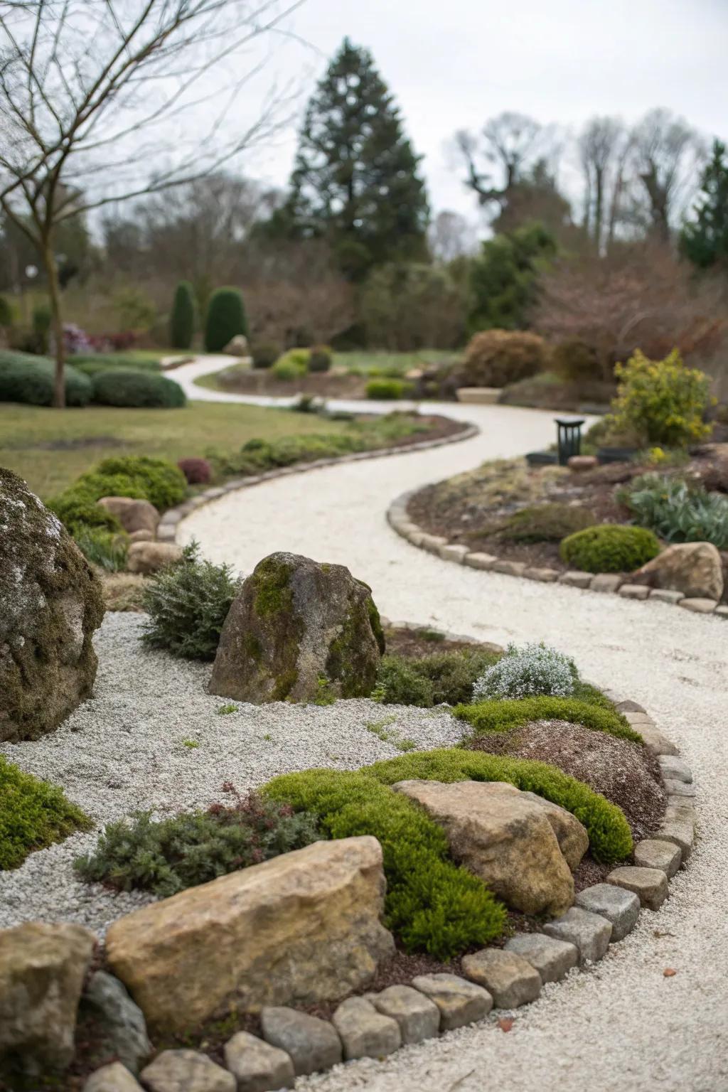 Charming gravel pathways weave through a corner rock garden.