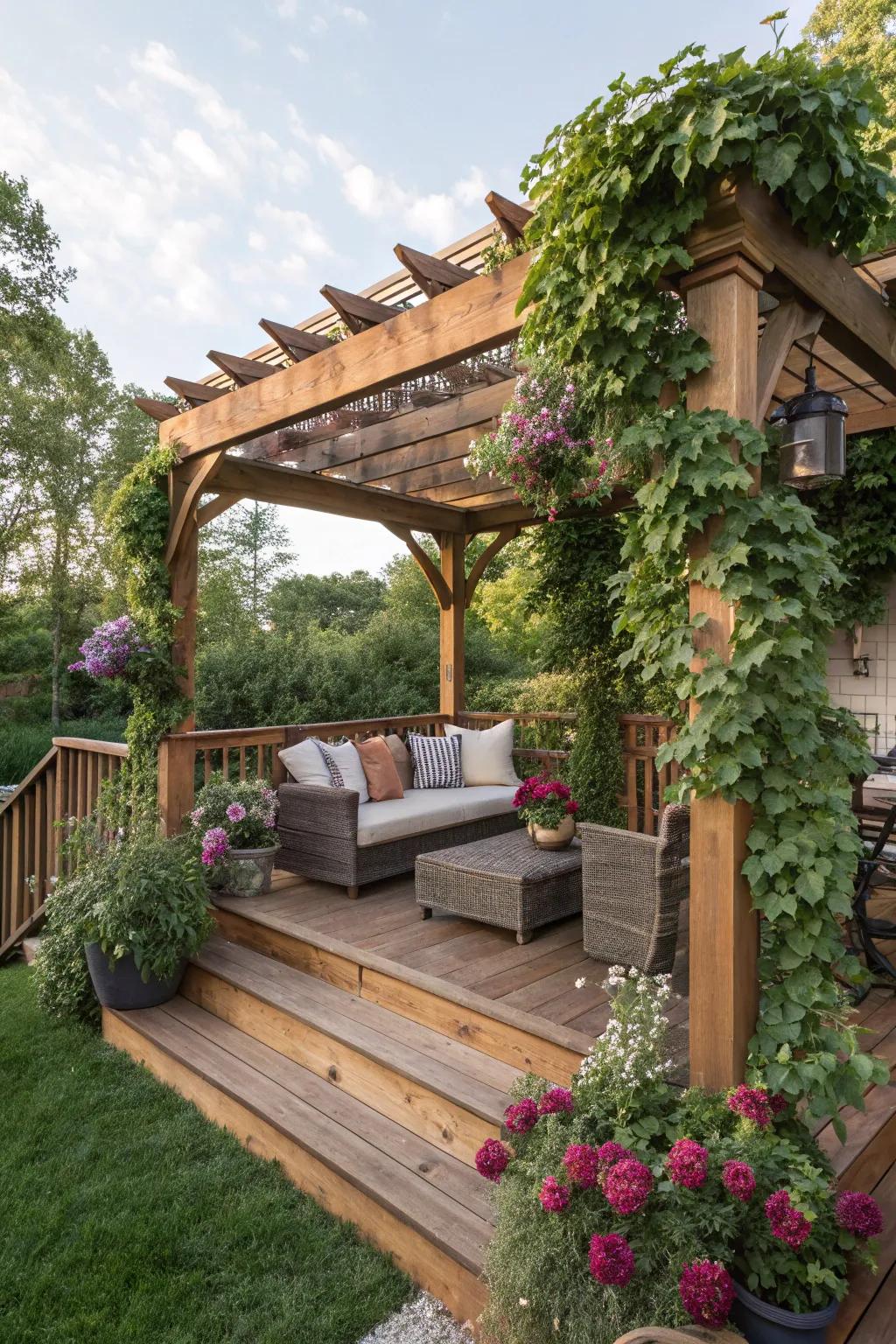 A shaded compact deck with a wood pergola.