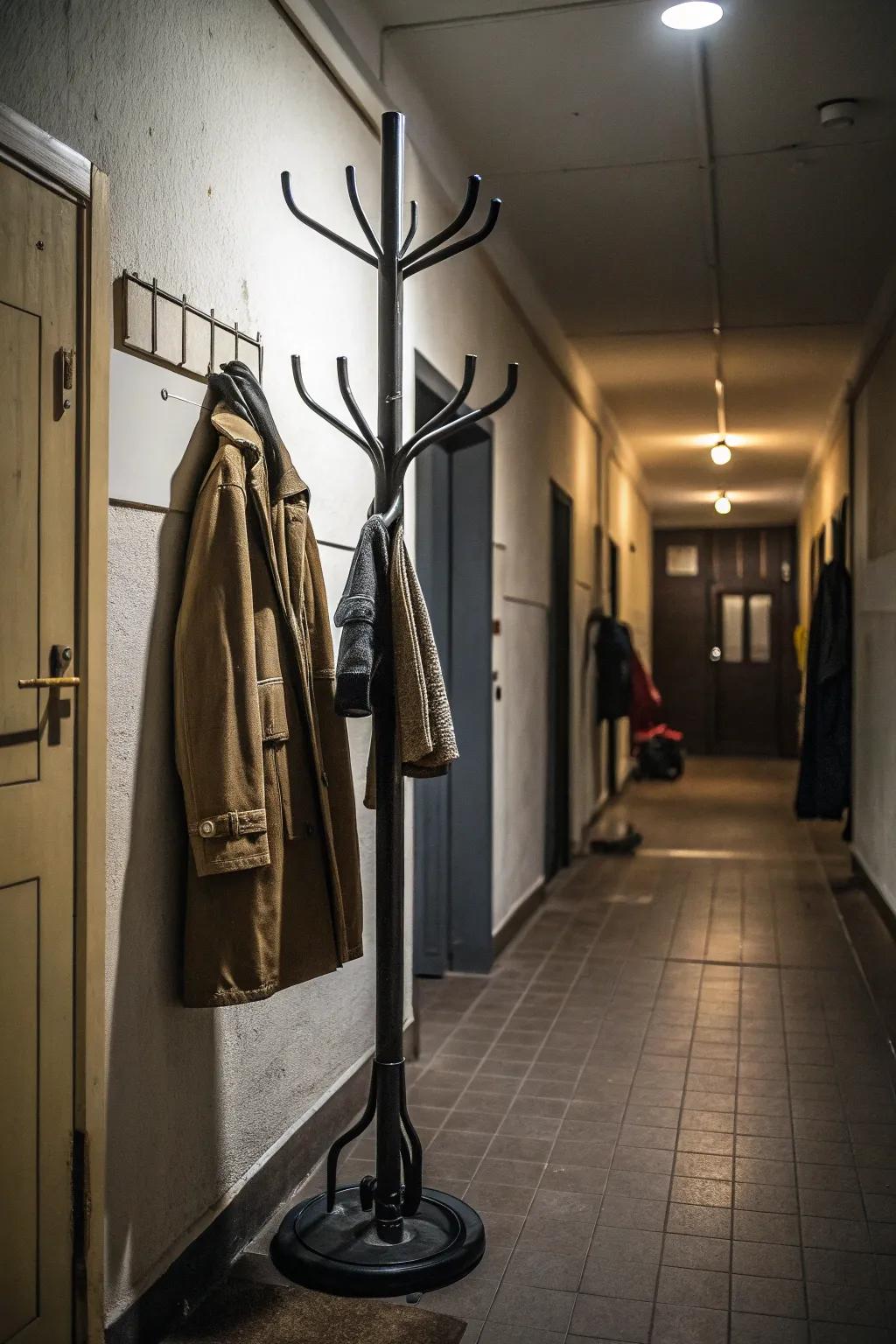 A space-saving coat tree perfect for narrow hallways.