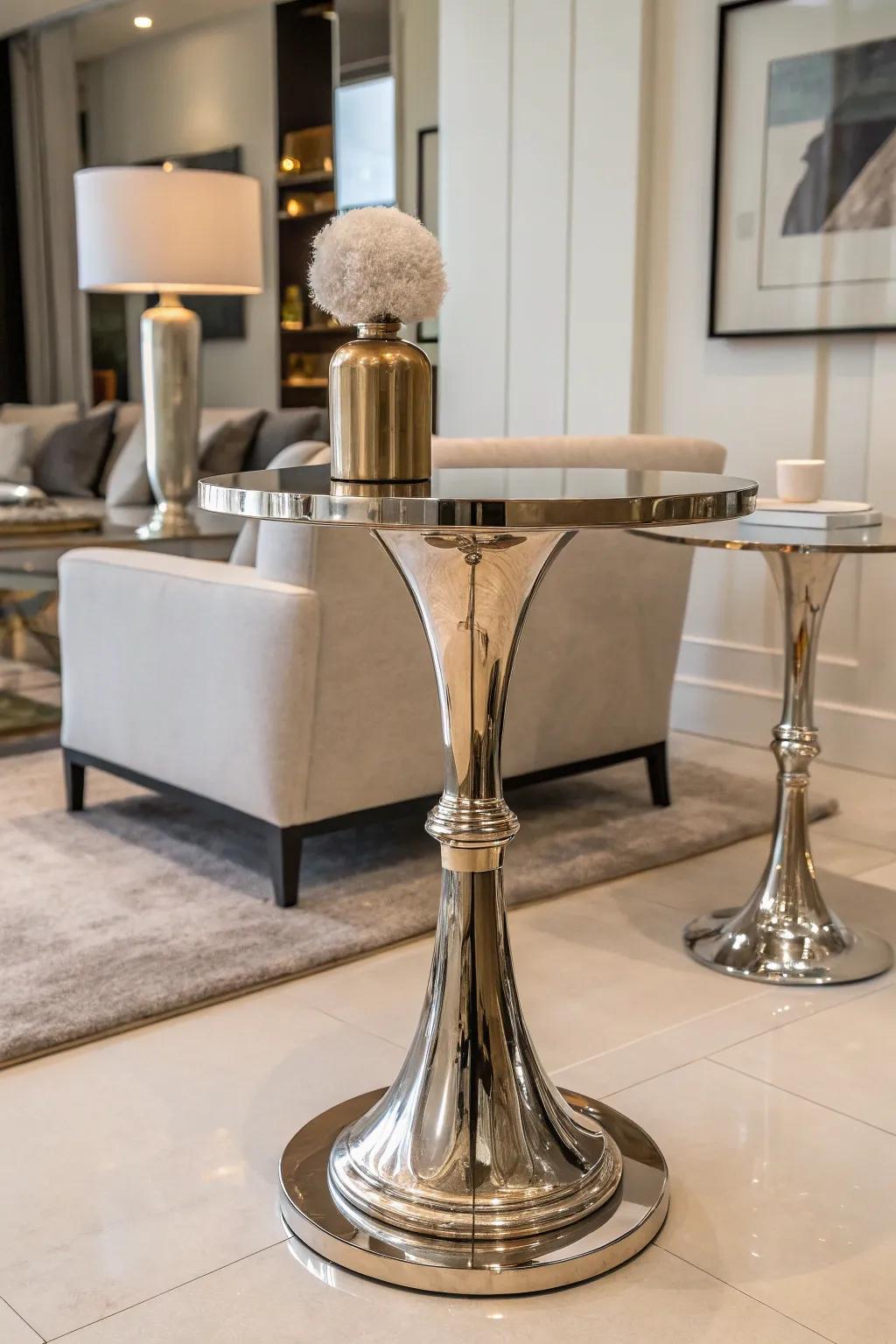 A metallic end table introduces a modern edge to any room.