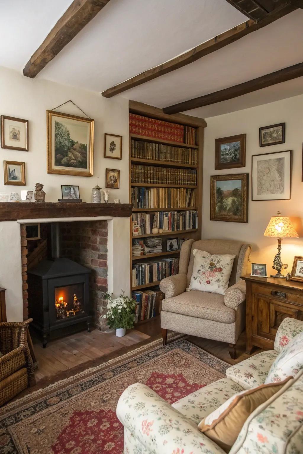 Vintage decor, including bookshelves and framed pictures, adds history to the room.