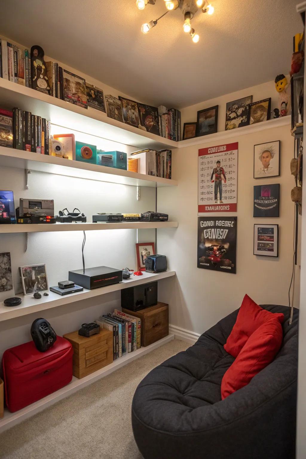 Floating shelves offer clever storage solutions for vital gaming items.
