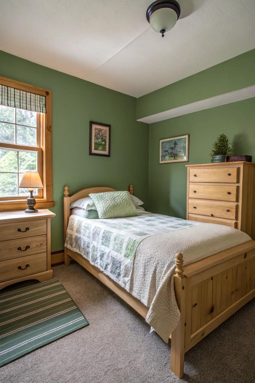 Pale wood furniture introduces warmth to a green bedroom.