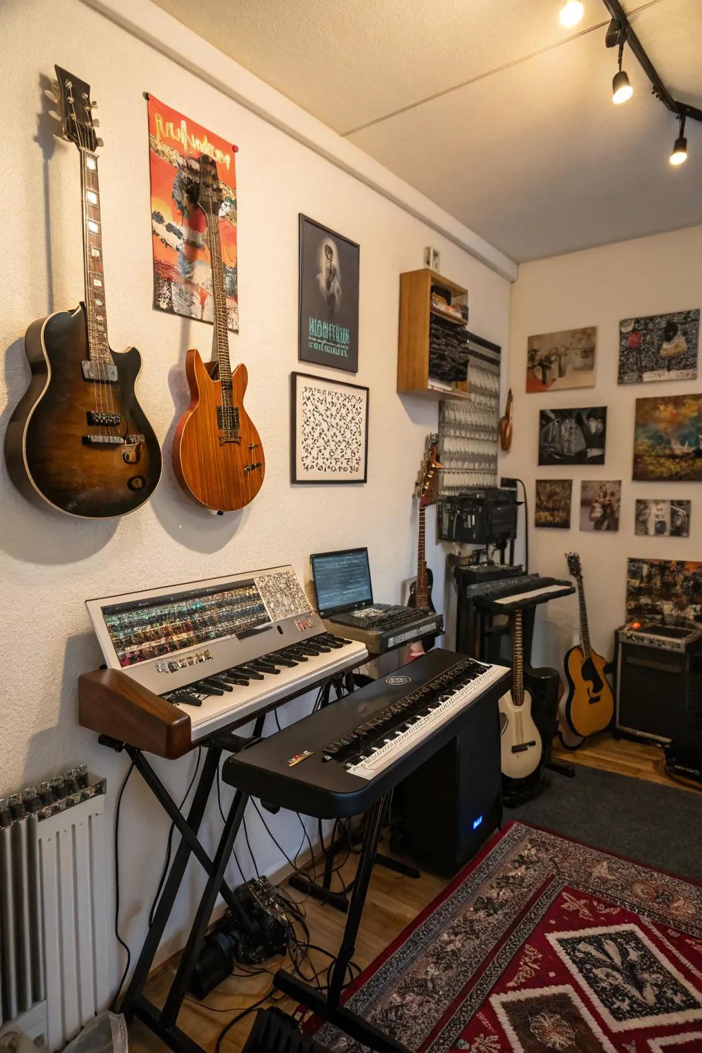 A wall showcase for instruments saves area and lends an artistic flair.