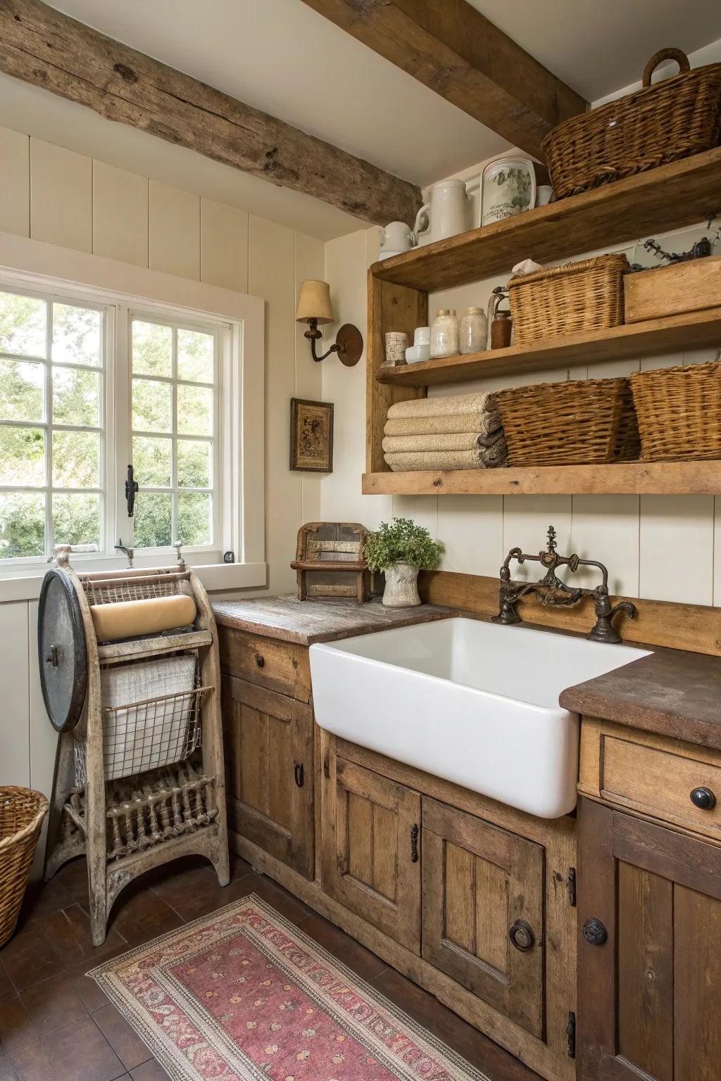 Weaving farmhouse elegance into your petite laundry domain.