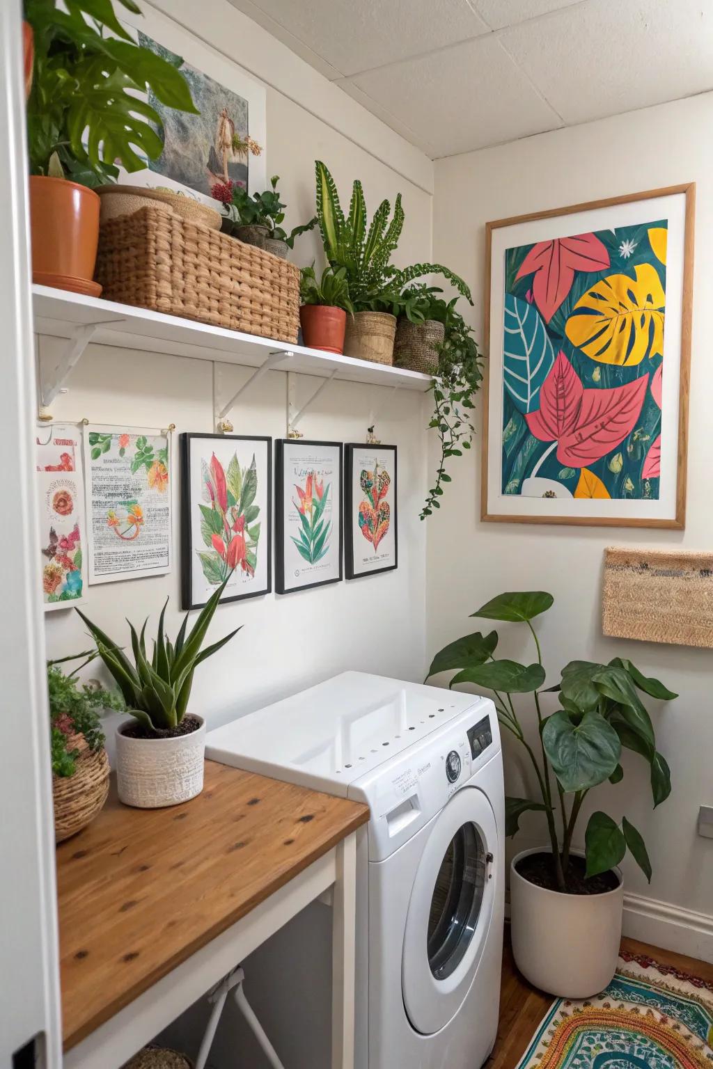 A functional area is transformed into a cozy haven by decorative elements.