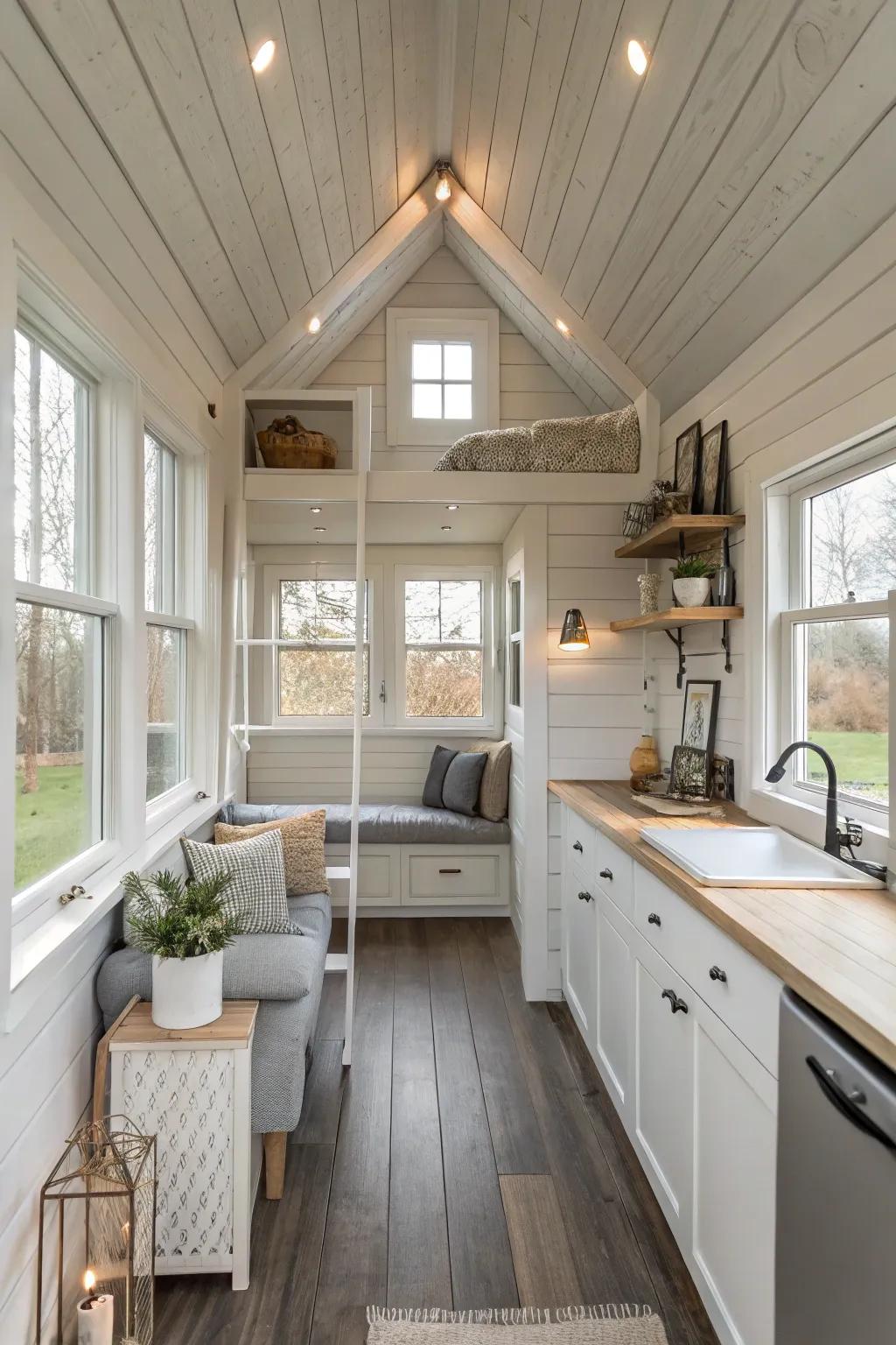 Radiant, neutral tones amplify loft dimensions.