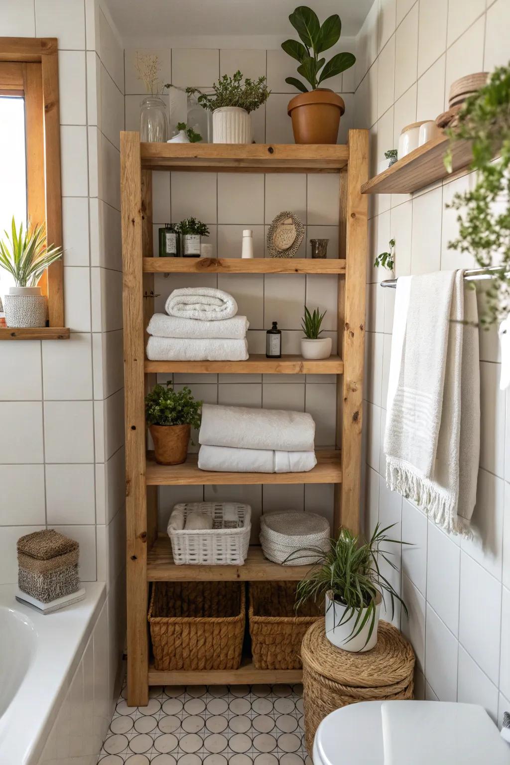 Efficient storage with open wooden shelves in a rustic bathroom.