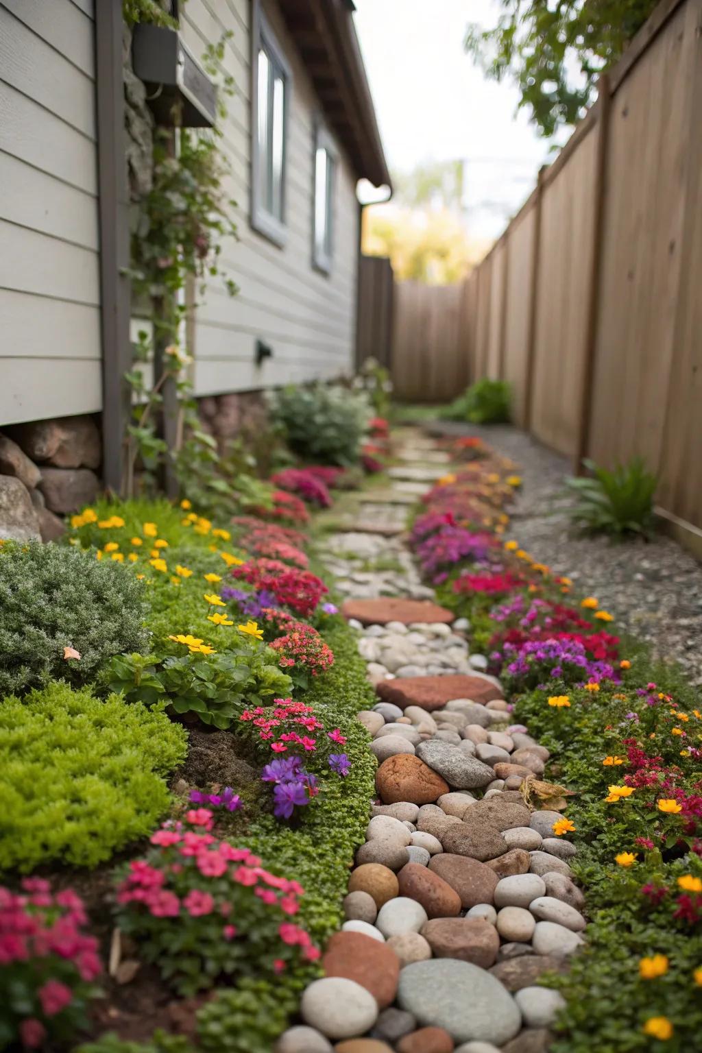 Ornamental surface cover introduces hue and texture to confined side yards.