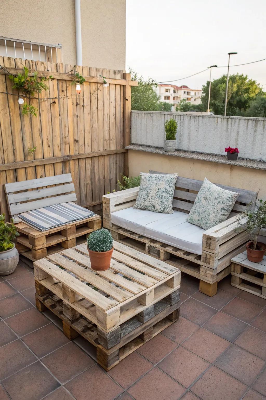 Artistic DIY pallet furniture for a standout patio aesthetic.