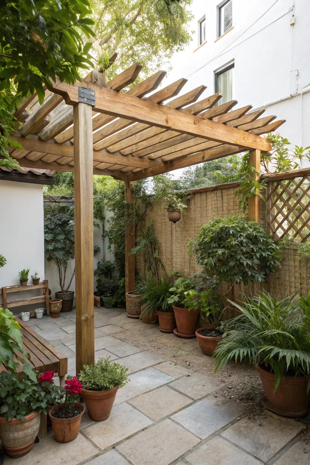 Raw wood features infuse a compact canopy with warmth and elegance.