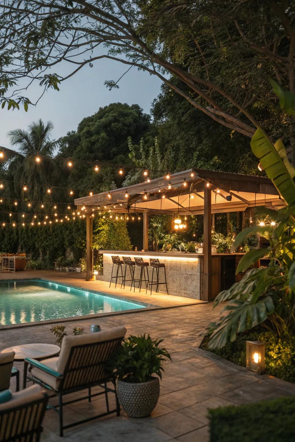 Atmospheric lighting transforms your pool bar into a captivating evening sanctuary.