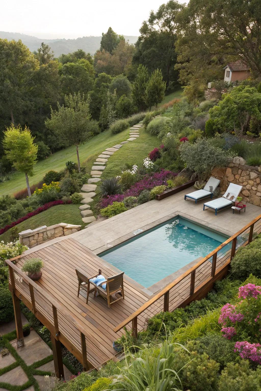 An above-ground pool featuring a deck, presenting captivating garden views.