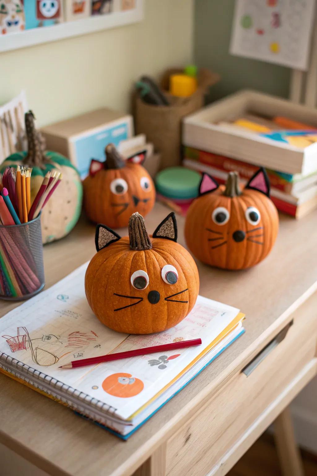 Animal-themed pumpkins bring a dash of playfulness to any place.