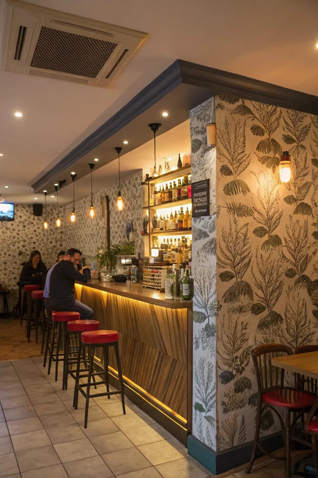 A daring feature wall infuses character and individuality into a snug restaurant bar.