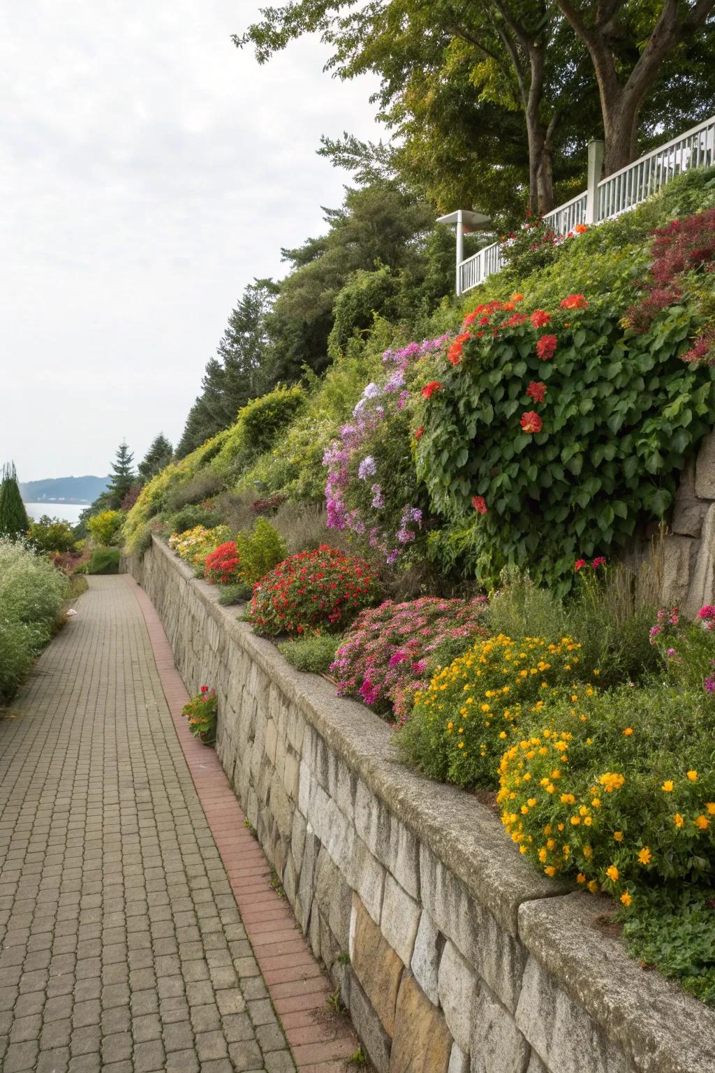 Uniting flora with retaining structures elevates garden enchantment.