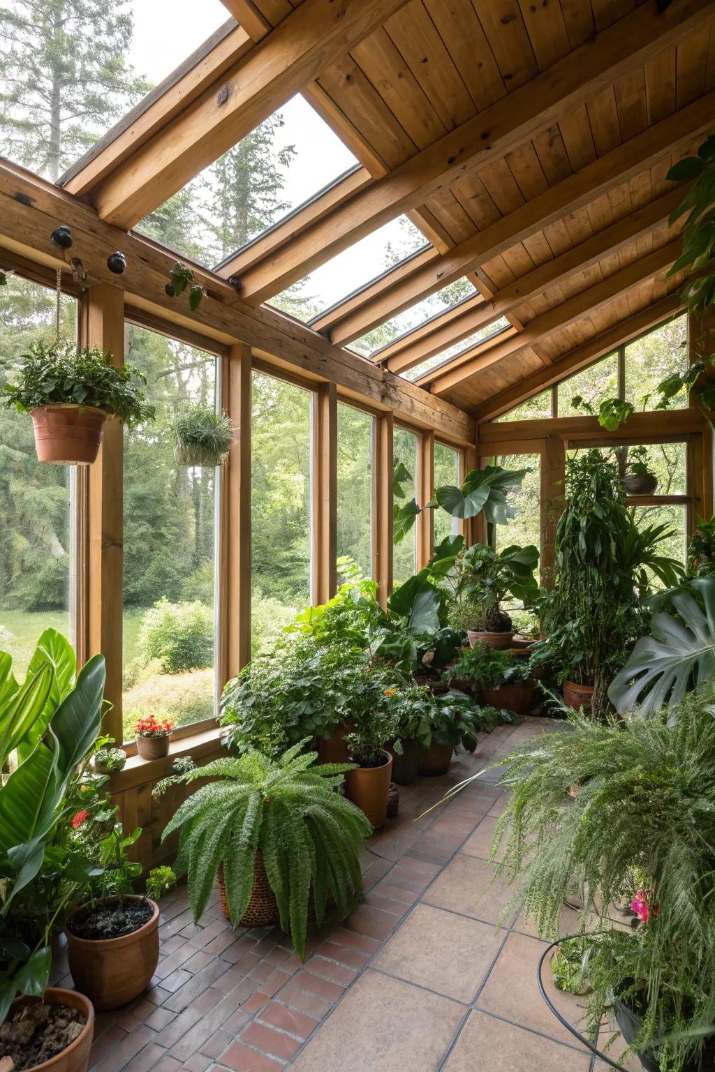 Indoor plants inject energy and vitality into this country-style sunroom.