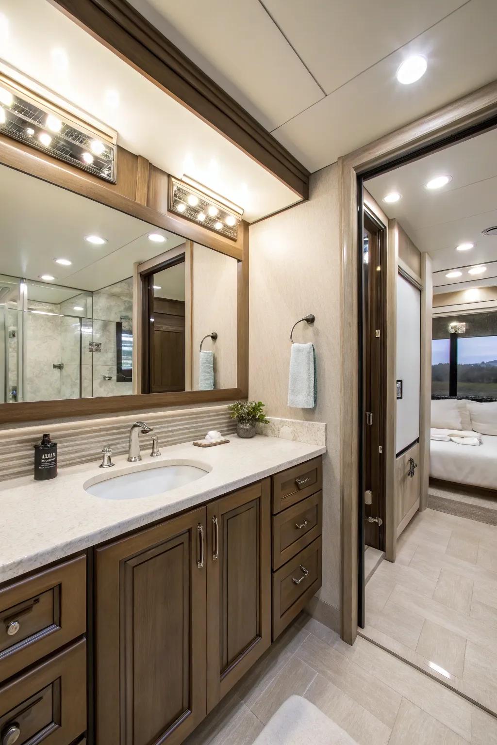 Mirrors can make your RV bathroom seem larger and more luminous.