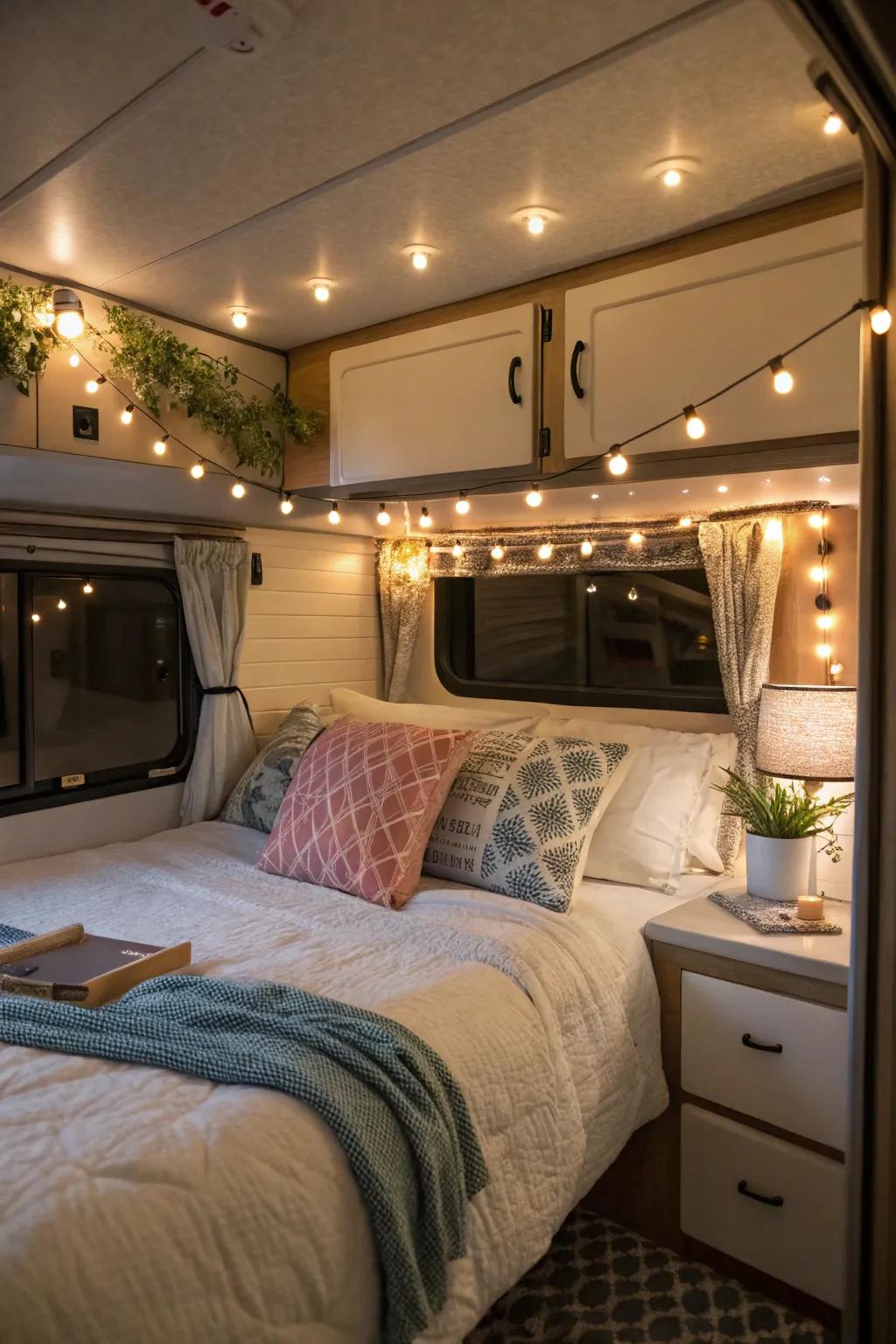 Use ambient lighting to forge a warm, welcoming atmosphere in your RV bedroom.