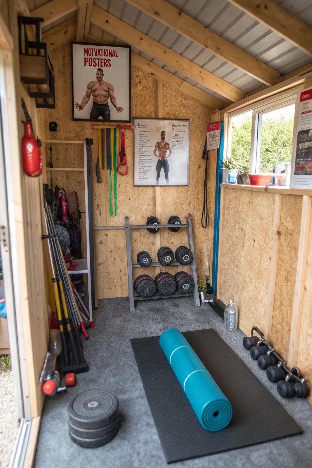A compact home gym setup within a small shed.