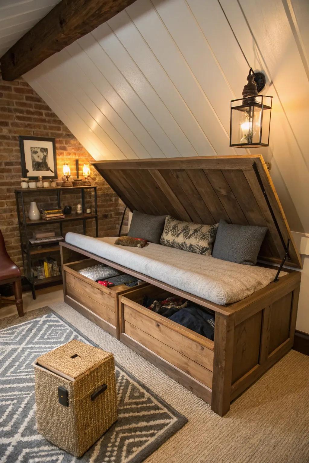 A storage bench is both practical and visually appealing in a slanted attic.