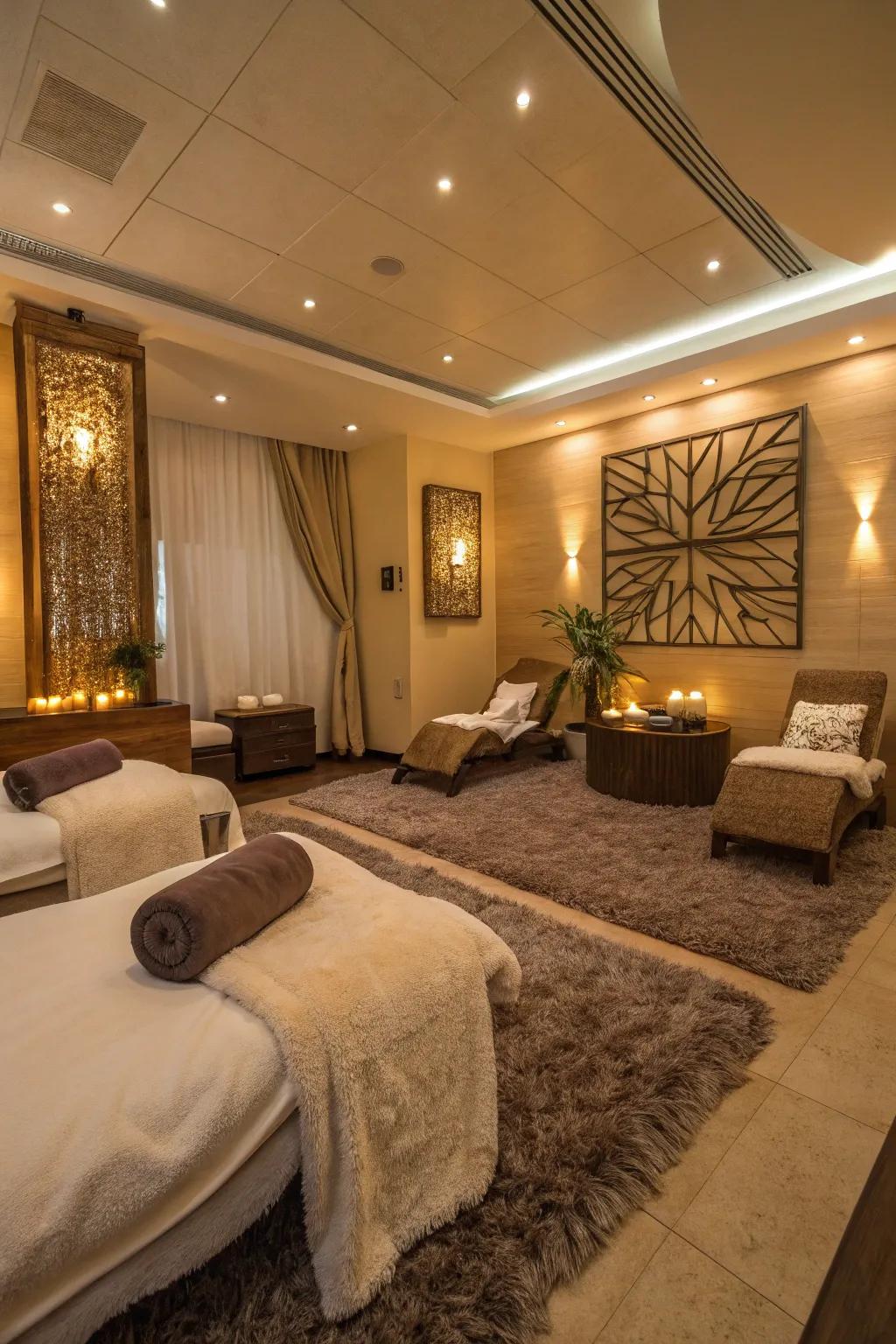 Comforting fabrics using rugs and blankets in a spa space