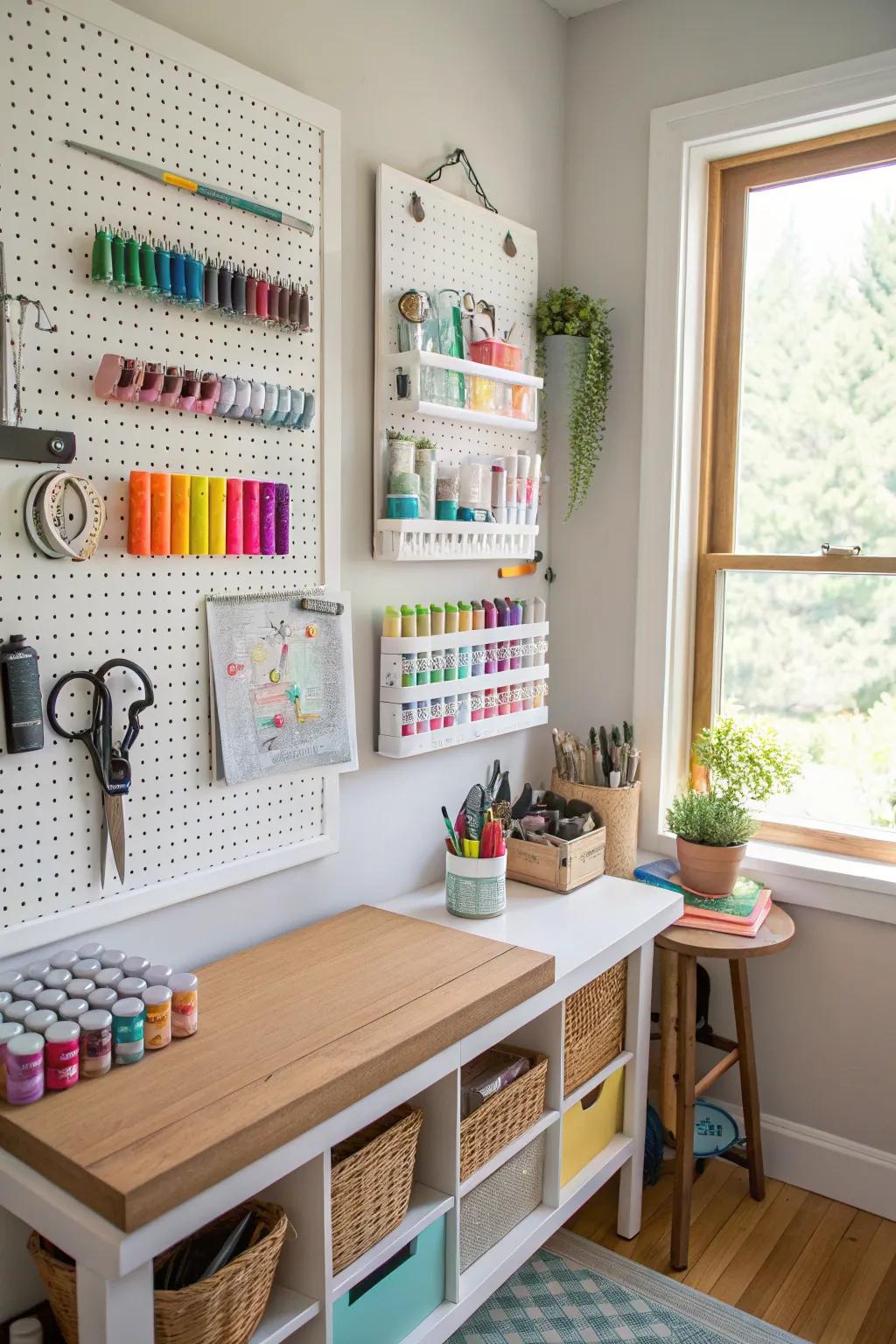 A pegboard in a craft space, providing flexible storage for supplies.
