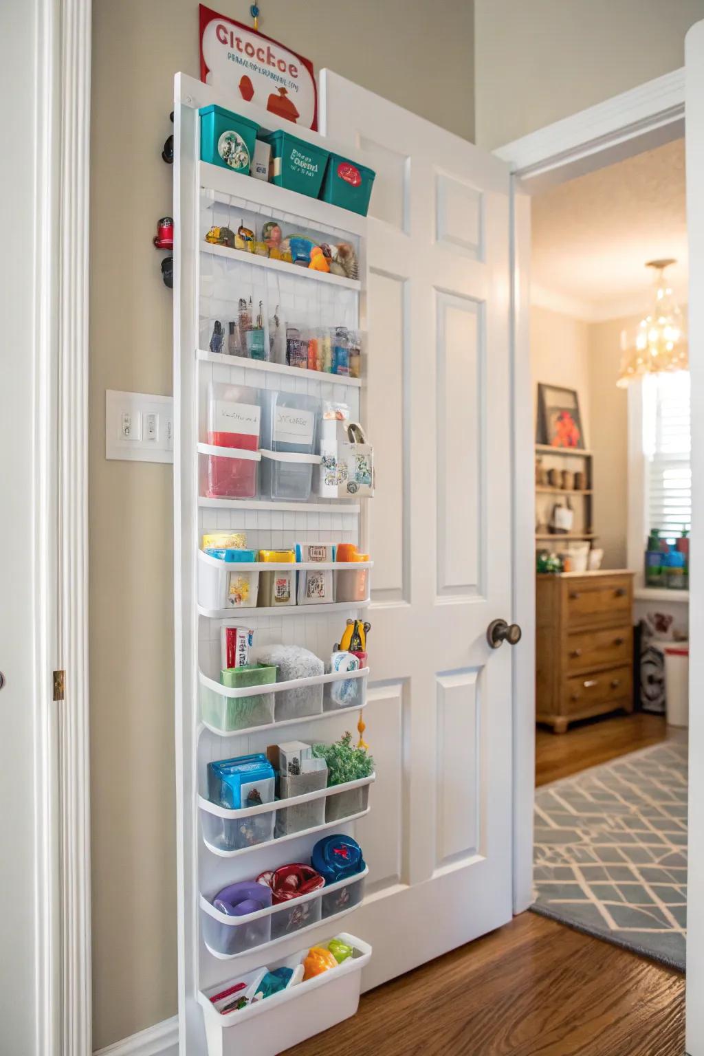 Door organizers cleverly repurposed to offer additional toy storage.
