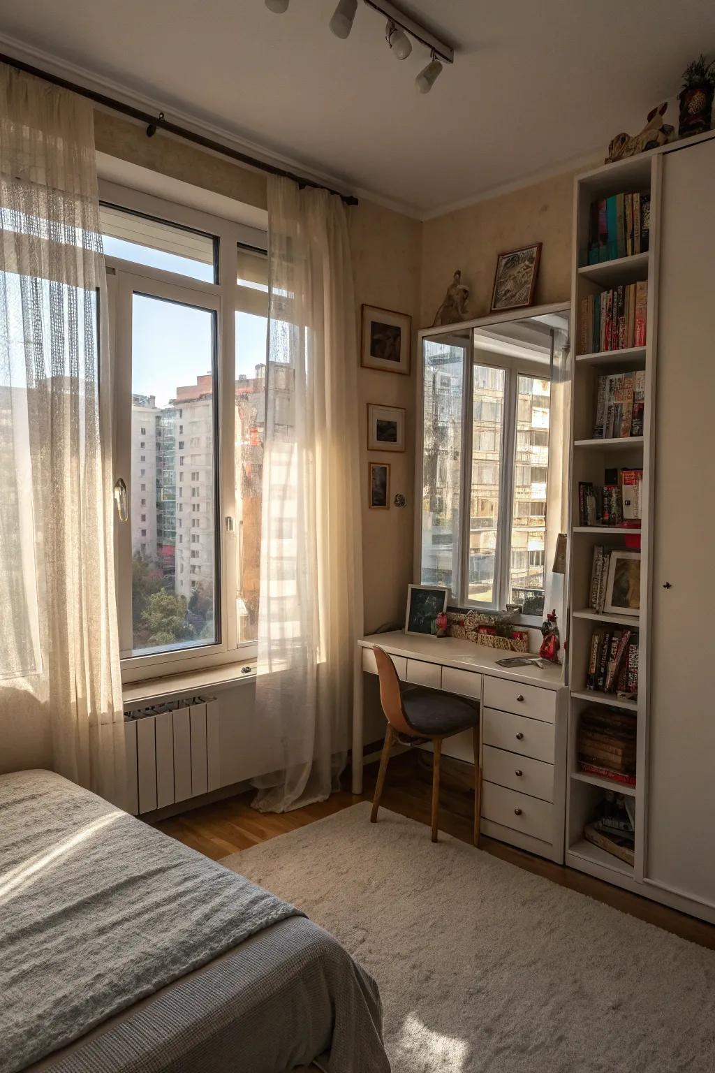 Mirrors and sheer curtains enhance the amount of natural light in the room for a bright atmosphere.
