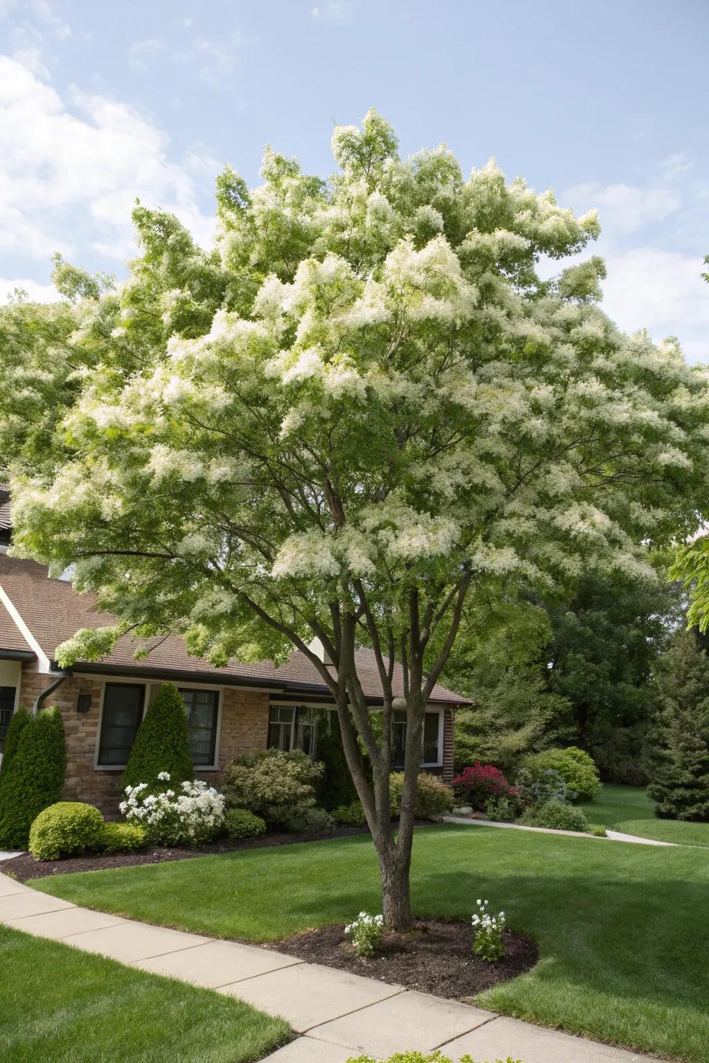 A Chionanthus virginicus infusing fragrance and beauty into a front yard.